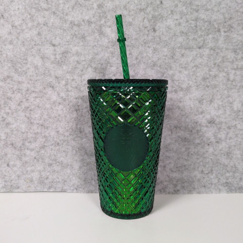 Starbucks Emerald Green Jeweled Diamond Studded Cold Cup Tumbler w/ Straw 16 oz